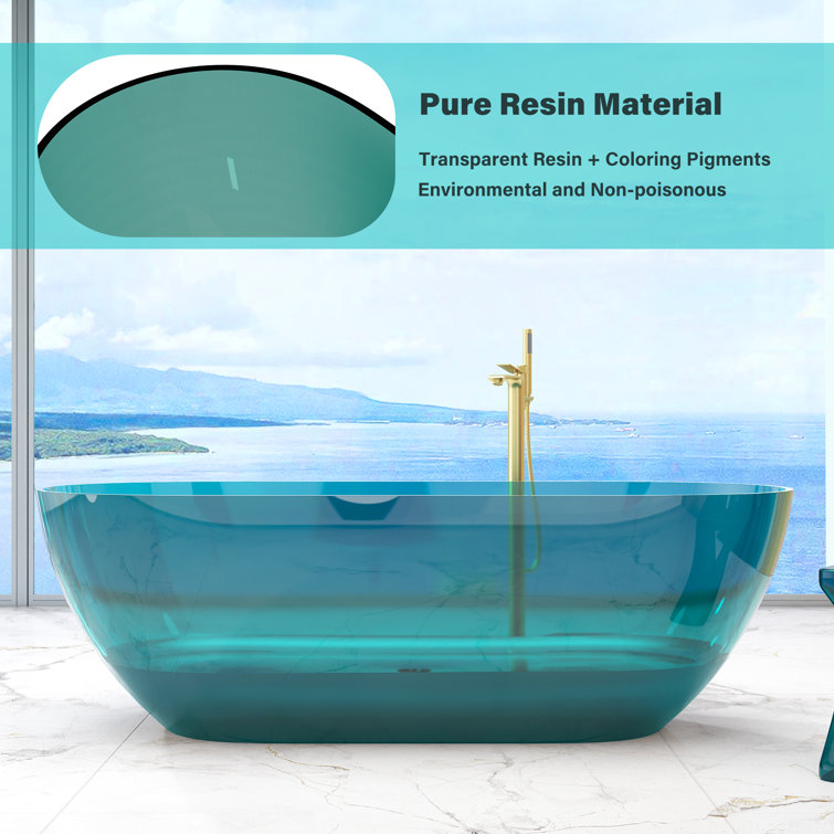 69'' Ocean Blue Transparent Resin Freestanding Soaking Bathtub