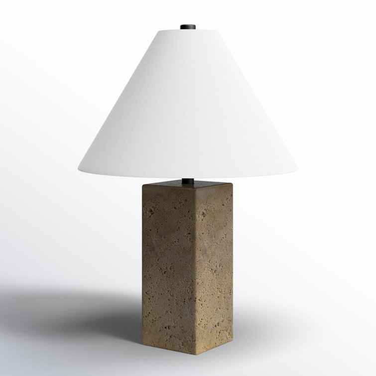 White Linen Shade Travertine Table Lamp