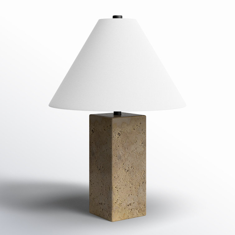 White Linen Shade Travertine Table Lamp