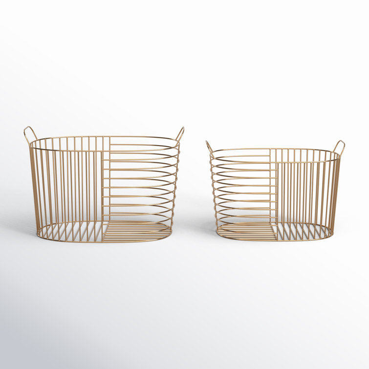 Gold Metal Oval Storage Baskets with Handles - Set of 2
