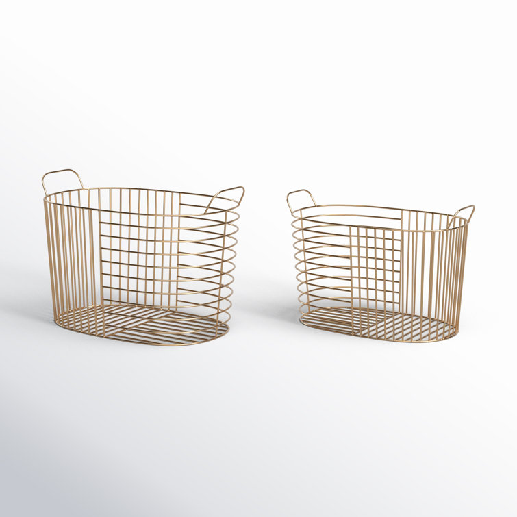 Gold Metal Oval Storage Baskets with Handles - Set of 2