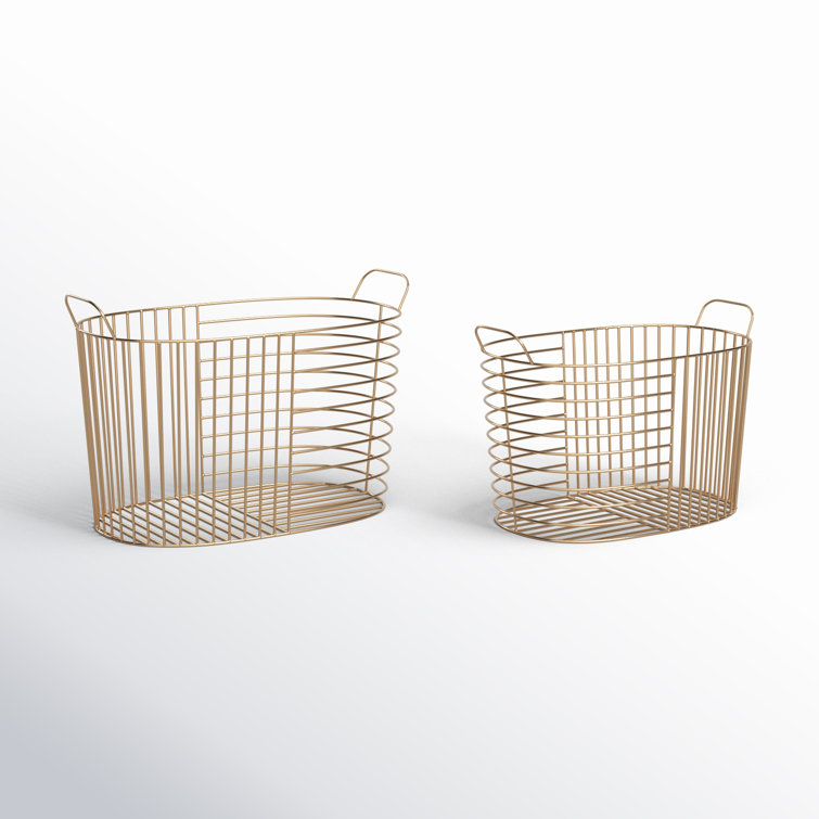 Gold Metal Oval Storage Baskets with Handles - Set of 2