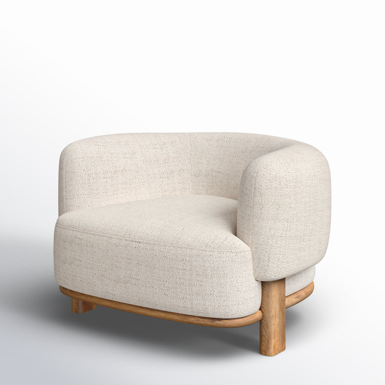 Cream Upholstered Barrel Chair with Natural Ash Wood Legs