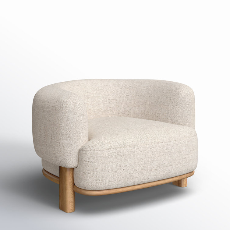 Cream Upholstered Barrel Chair with Natural Ash Wood Legs