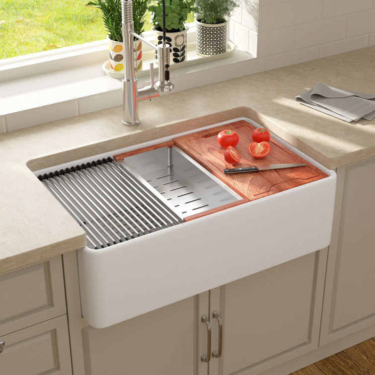 33"L x 20"W Farmhouse Kitchen Sink Deep Single Bowl Fireclay Workstation Sink with Cutting Board and Dish Drying Rack