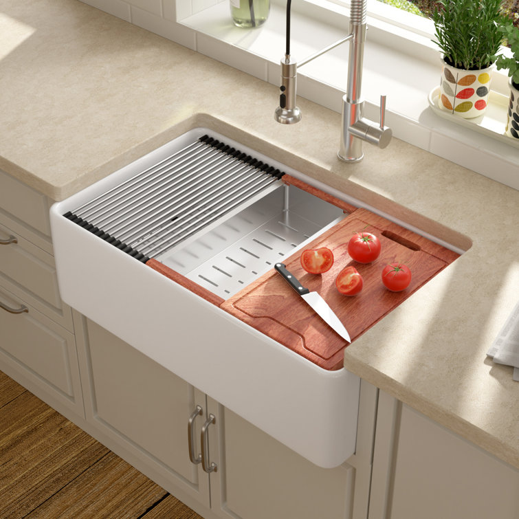 33"L x 20"W Farmhouse Kitchen Sink Deep Single Bowl Fireclay Workstation Sink with Cutting Board and Dish Drying Rack