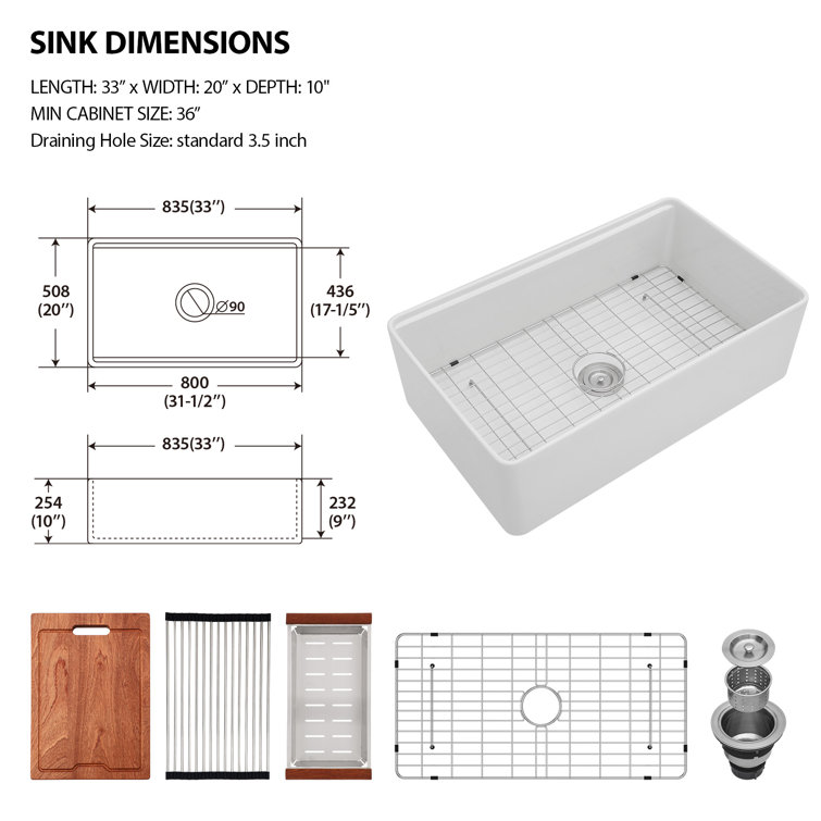 33"L x 20"W Farmhouse Kitchen Sink Deep Single Bowl Fireclay Workstation Sink with Cutting Board and Dish Drying Rack