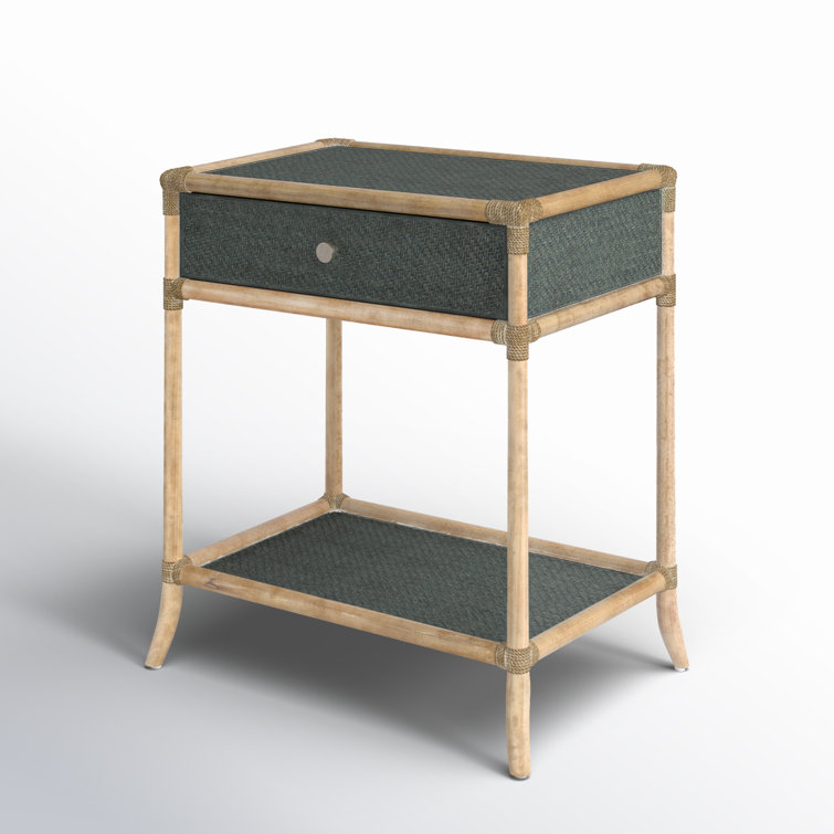 Beige and Green Rattan 1-Drawer Nightstand with Glass Top