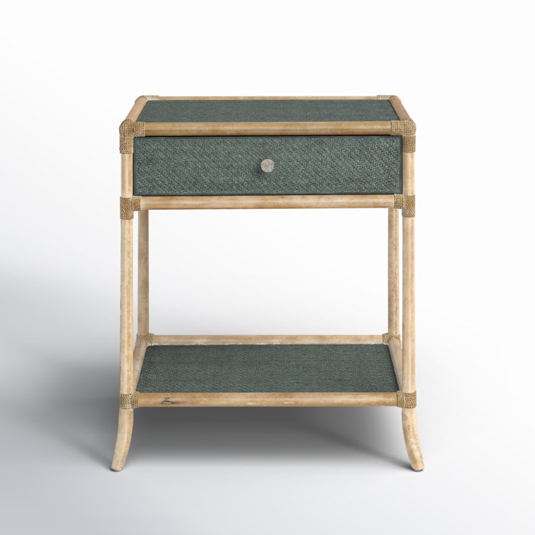 Beige and Green Rattan 1-Drawer Nightstand with Glass Top