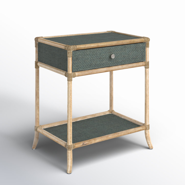 Beige and Green Rattan 1-Drawer Nightstand with Glass Top