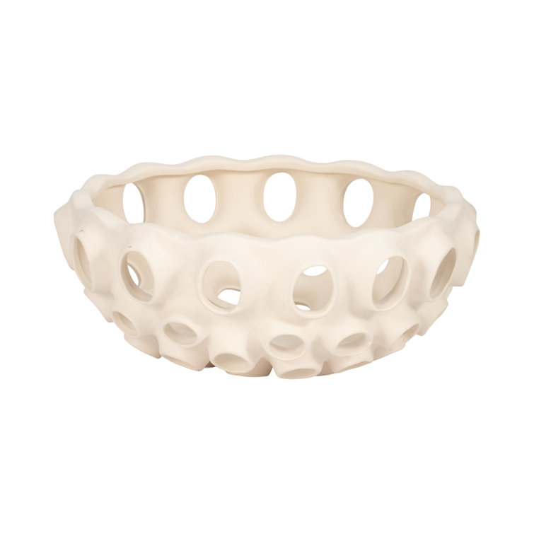 Cream Handcrafted Terracotta Decorative Bowl with Cutout Design