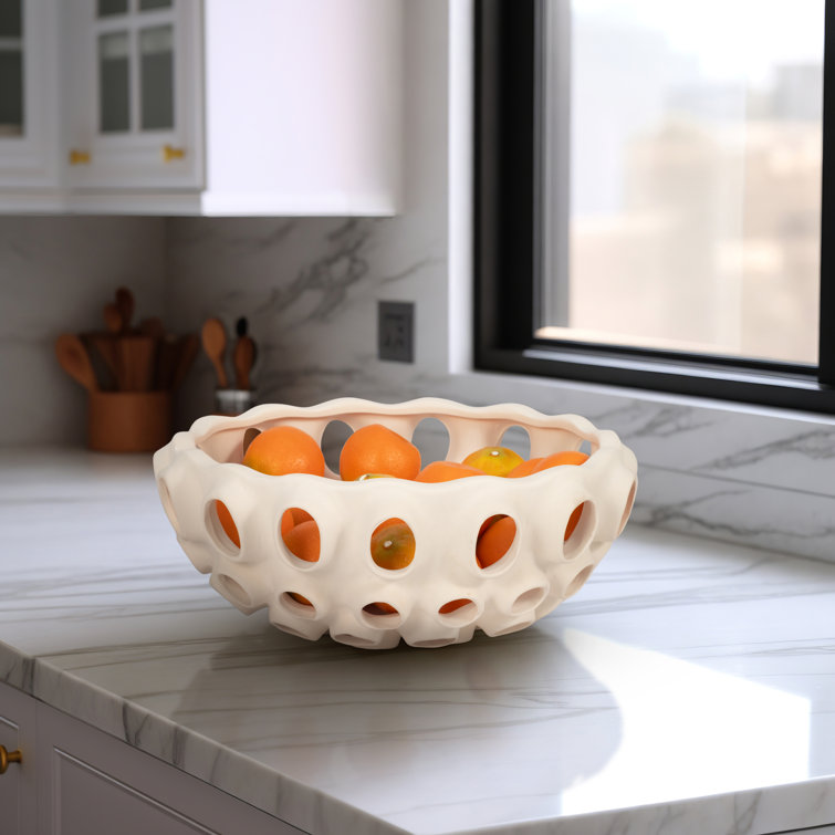 Cream Handcrafted Terracotta Decorative Bowl with Cutout Design