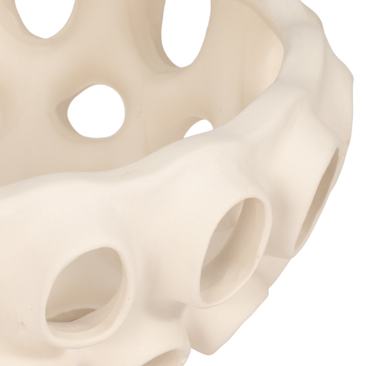 Cream Handcrafted Terracotta Decorative Bowl with Cutout Design