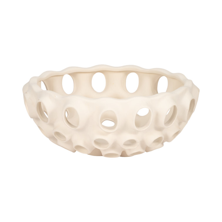Cream Handcrafted Terracotta Decorative Bowl with Cutout Design