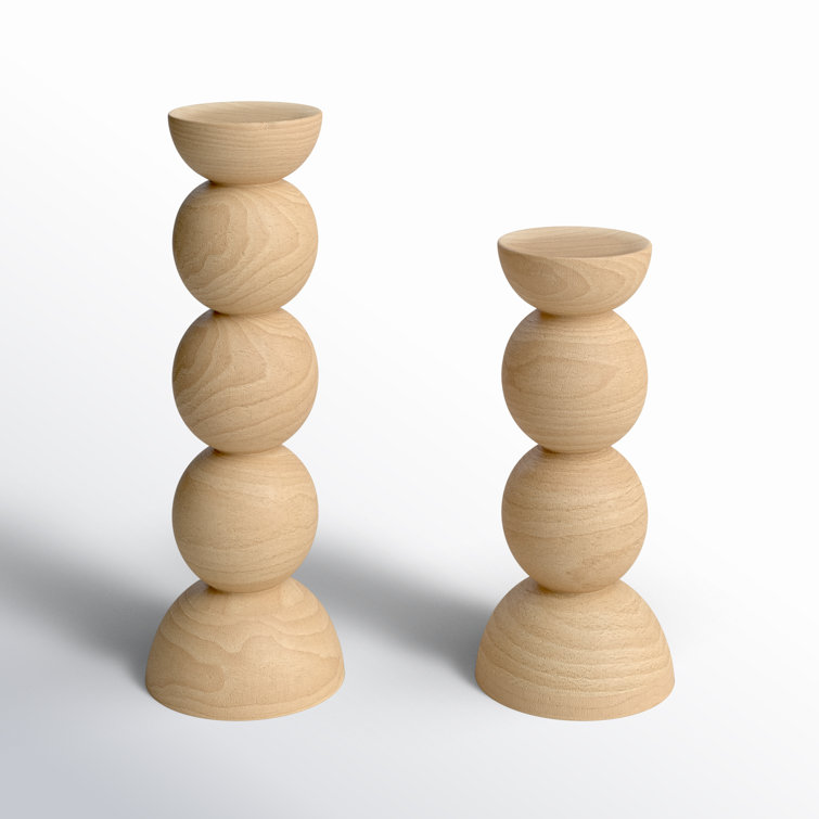 Classic Hand Carved Wooden Stacked Ball Candlestick Set