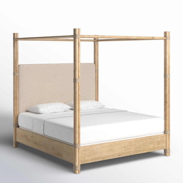 Beige Upholstered California King Canopy Bed with Wood Frame