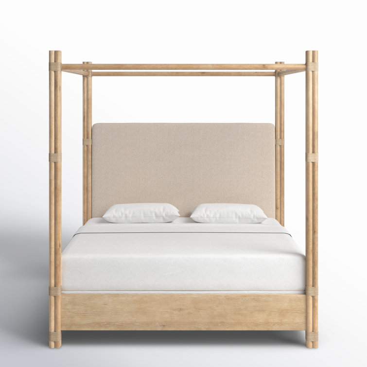 Beige Upholstered California King Canopy Bed with Wood Frame