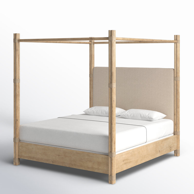 Beige Upholstered California King Canopy Bed with Wood Frame