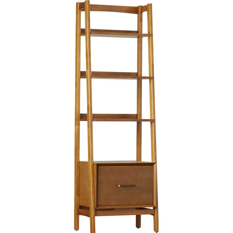 Mid-Century Modern Acorn Brown Wood Ladder Bookcase