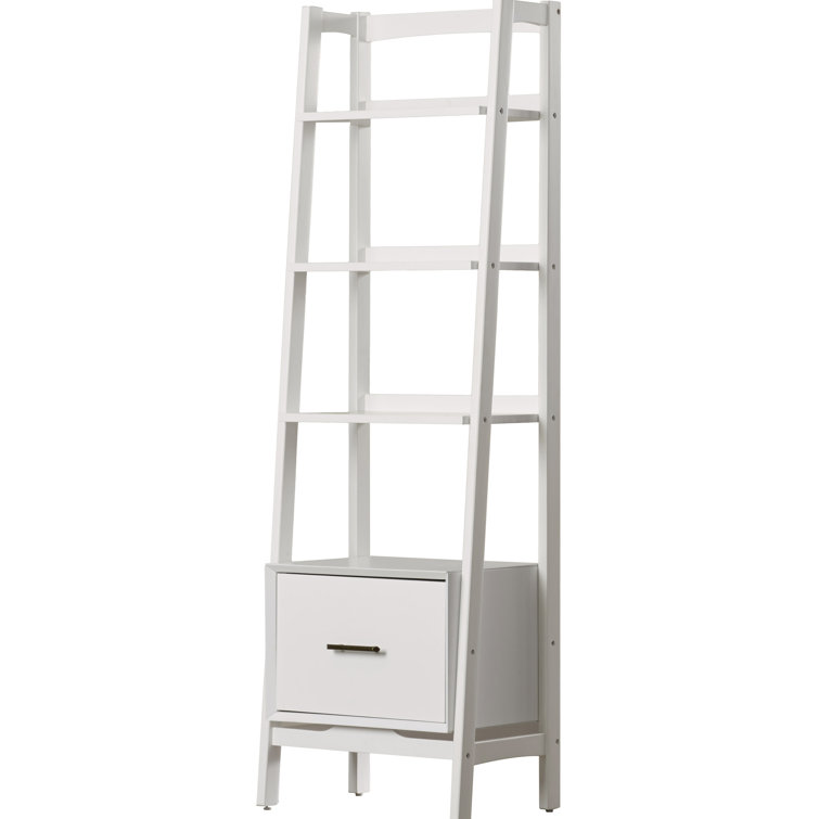 Mid-Century Modern White Wood Ladder Bookcase with Drawer