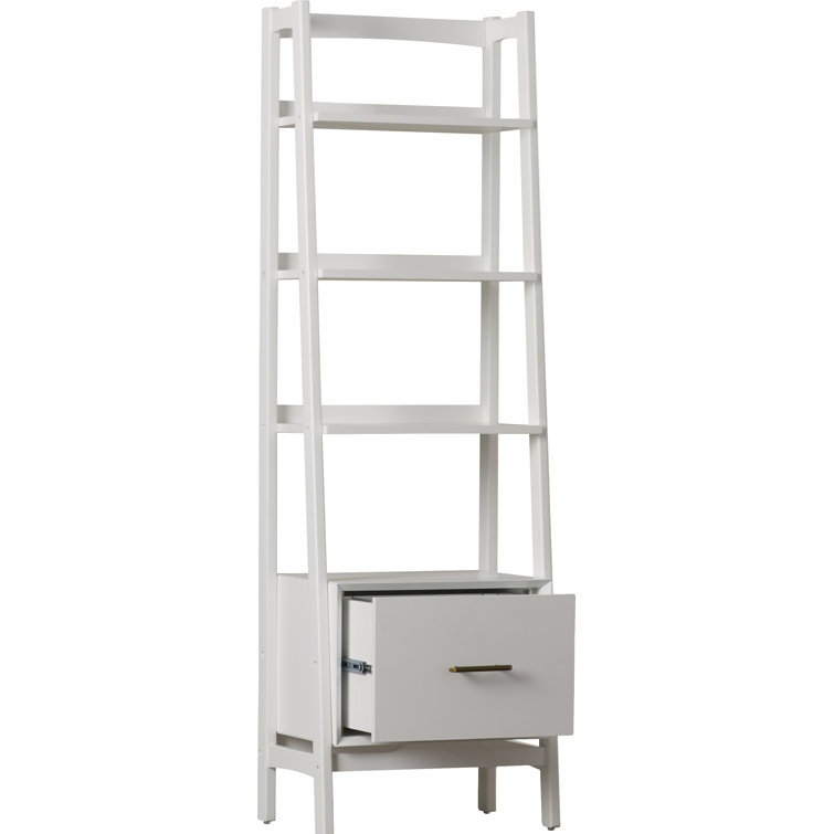 Mid-Century Modern White Wood Ladder Bookcase with Drawer