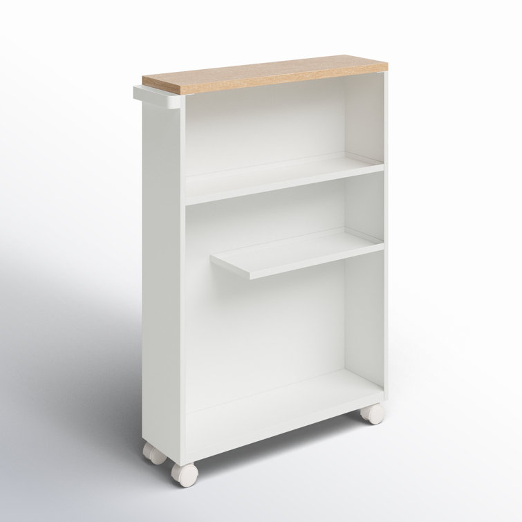 Slim White Wood Adjustable Rolling Bathroom Storage Cart
