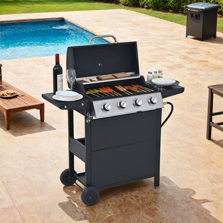 Stainless Steel 4-Burner Propane Gas Grill with Shelves and Wheels