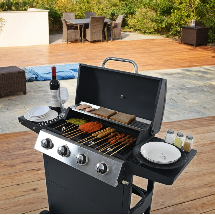 Stainless Steel 4-Burner Propane Gas Grill with Shelves and Wheels