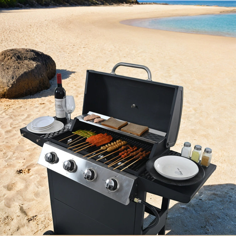 Stainless Steel 4-Burner Propane Gas Grill with Shelves and Wheels