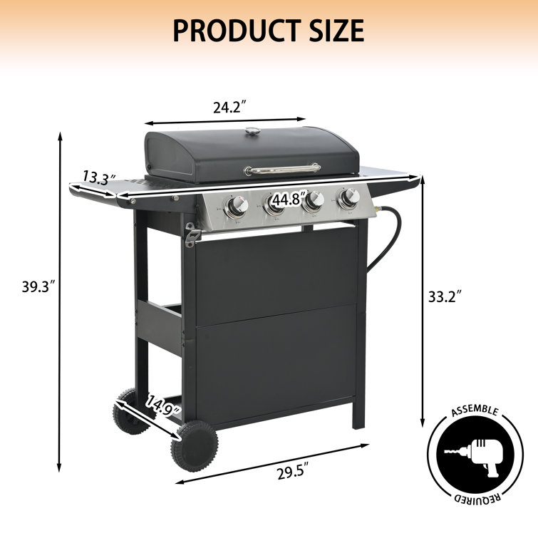 Stainless Steel 4-Burner Propane Gas Grill with Shelves and Wheels