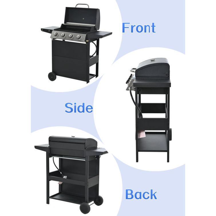 Stainless Steel 4-Burner Propane Gas Grill with Shelves and Wheels