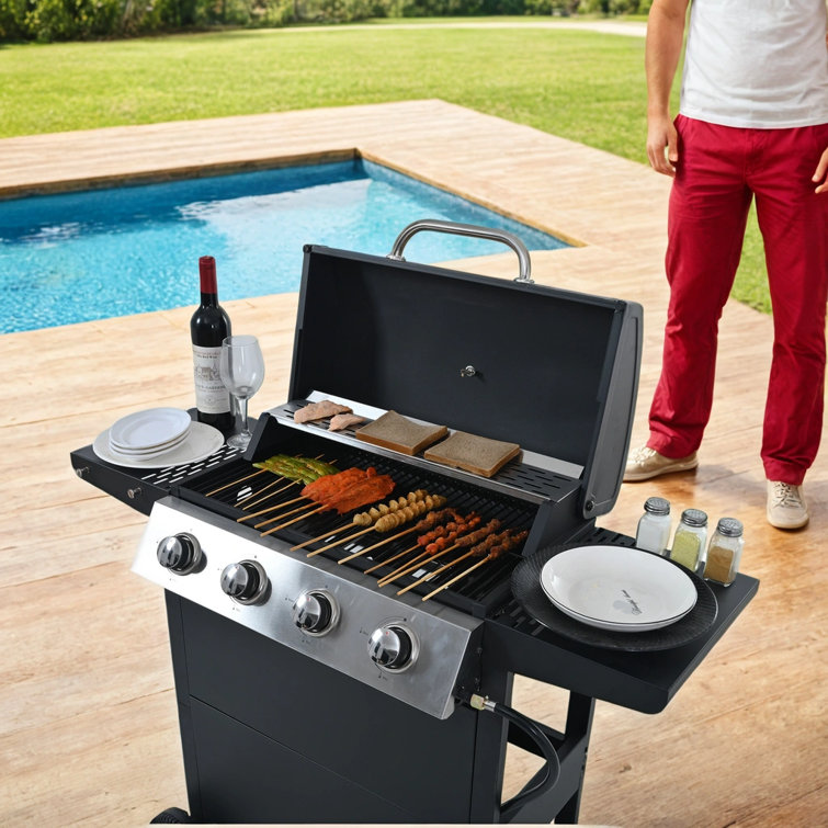 Stainless Steel 4-Burner Propane Gas Grill with Shelves and Wheels