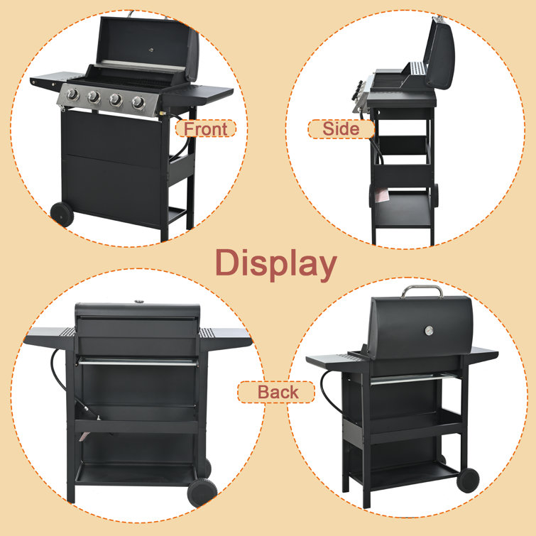 Stainless Steel 4-Burner Propane Gas Grill with Shelves and Wheels