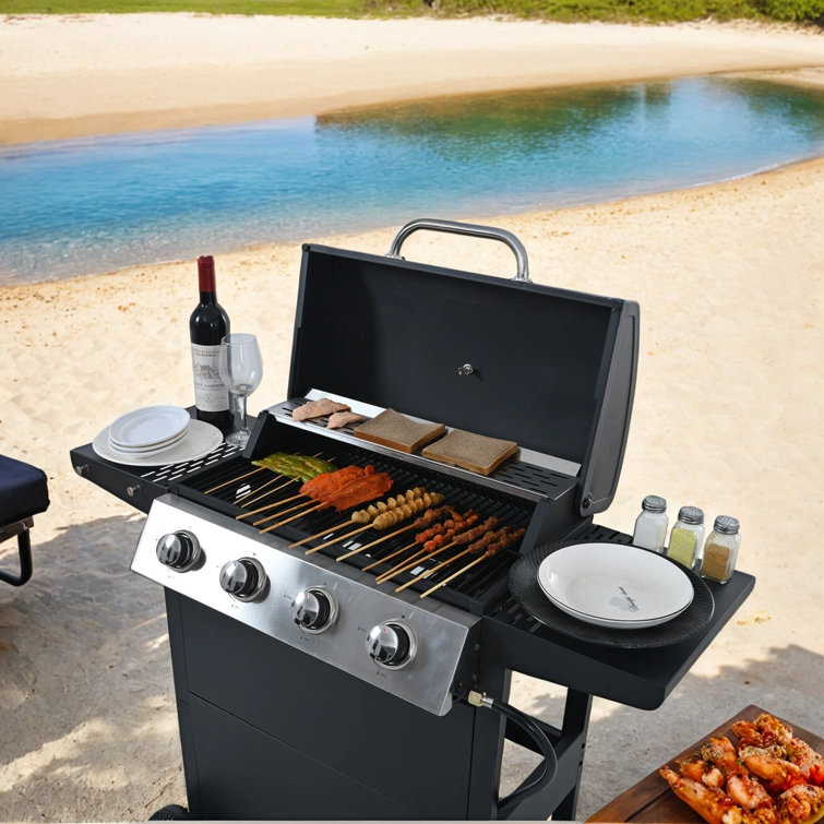 Stainless Steel 4-Burner Propane Gas Grill with Shelves and Wheels