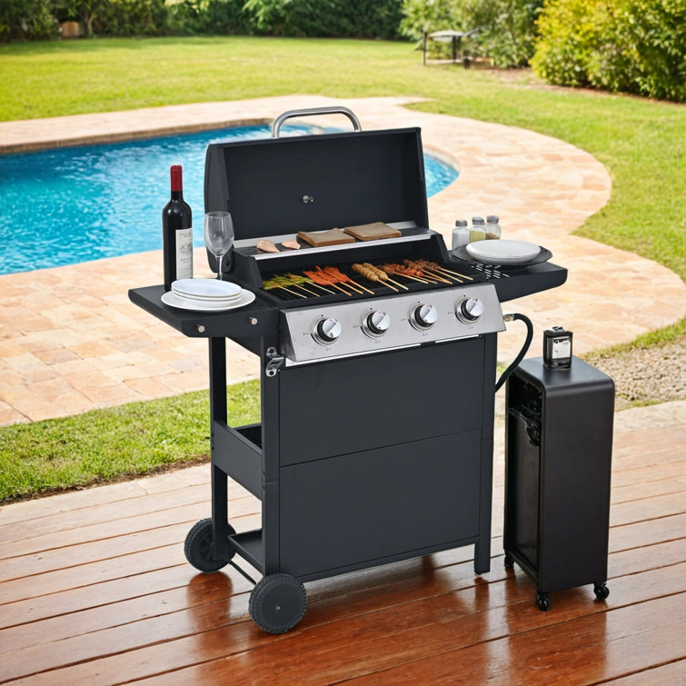 Stainless Steel 4-Burner Propane Gas Grill with Shelves and Wheels