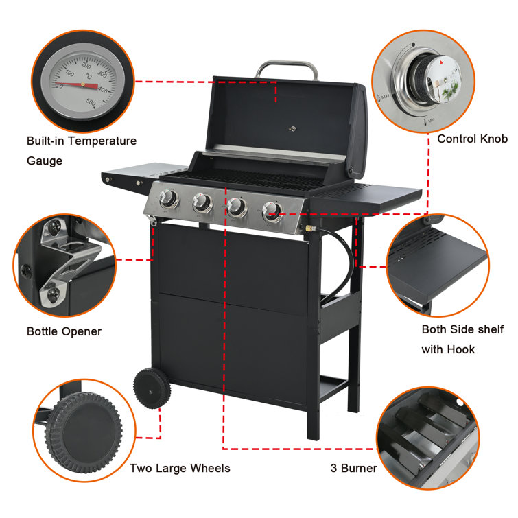 Stainless Steel 4-Burner Propane Gas Grill with Shelves and Wheels