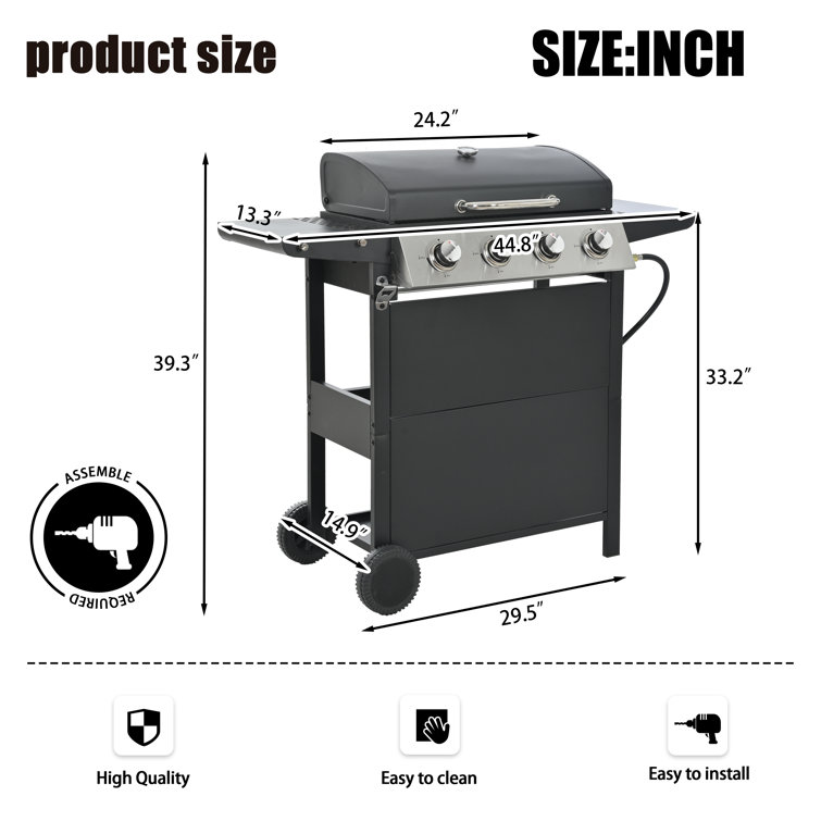 Stainless Steel 4-Burner Propane Gas Grill with Shelves and Wheels