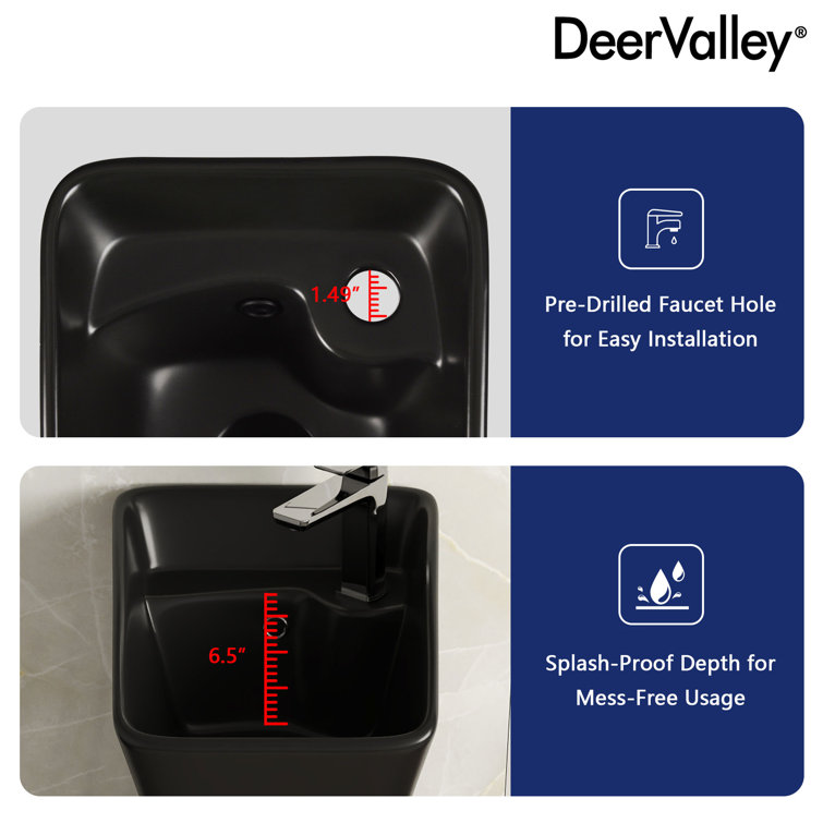 Black Ceramic Modern Pedestal Bathroom Sink with Overflow