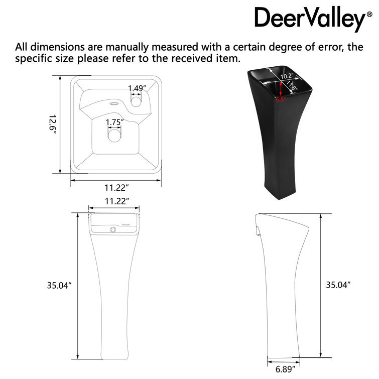 Black Ceramic Modern Pedestal Bathroom Sink with Overflow