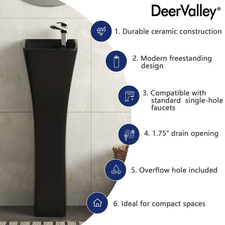 Black Ceramic Modern Pedestal Bathroom Sink with Overflow