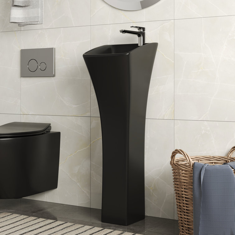 Black Ceramic Modern Pedestal Bathroom Sink with Overflow