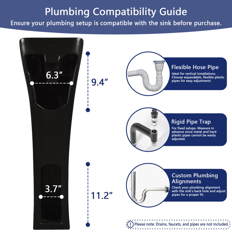 Black Ceramic Modern Pedestal Bathroom Sink with Overflow