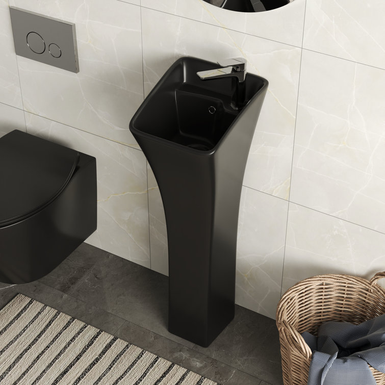 Black Ceramic Modern Pedestal Bathroom Sink with Overflow