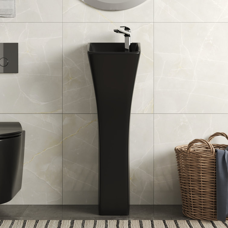 Black Ceramic Modern Pedestal Bathroom Sink with Overflow