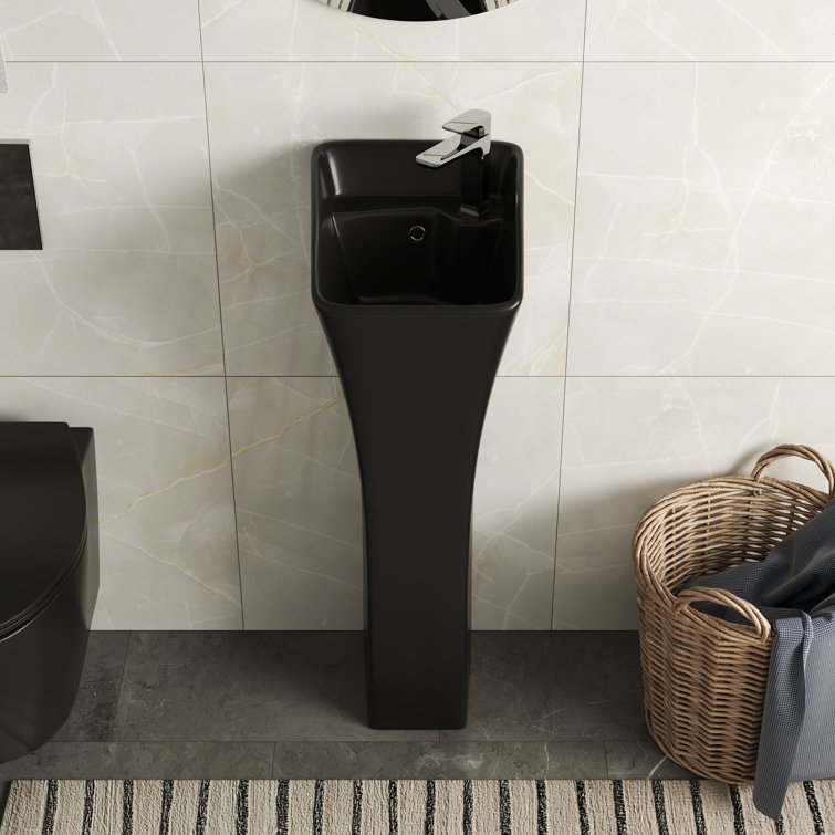Black Ceramic Modern Pedestal Bathroom Sink with Overflow