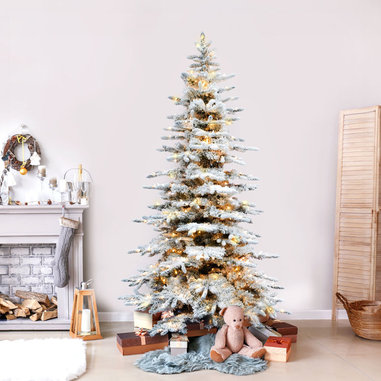 9-Foot White Pine Flocked Christmas Tree with Warm LED Lights