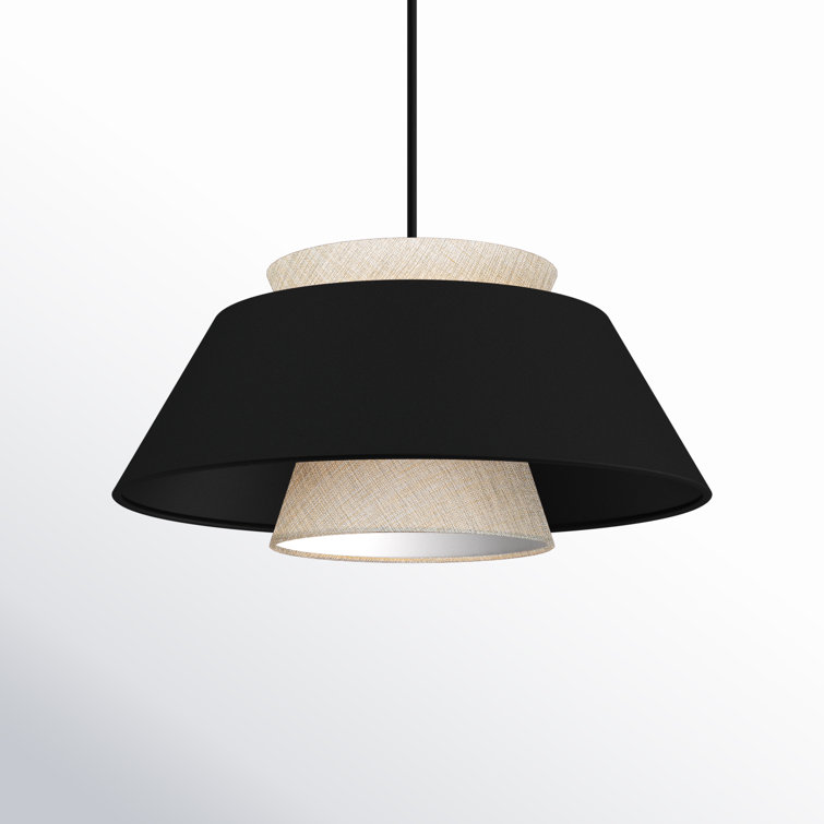 Rena Matte Black Aluminum LED Drum Pendant with Beige Fabric Shade