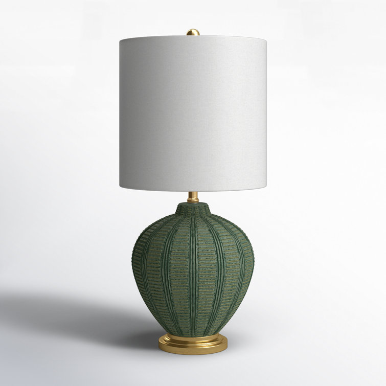 Green Ceramic Textured Table Lamp with White Linen Shade