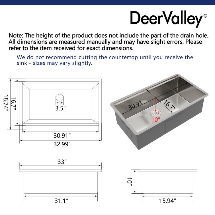 33" Stainless Steel Single Bowl Undermount Workstation Kitchen Sink