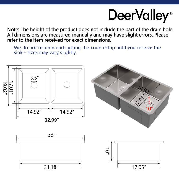 DeerValley 33'' Stainless Steel Double Bowl Undermount Kitchen Sink